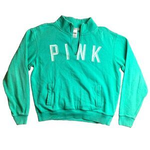 PINK Victoria's Secret‎ Sweatshirt Womens Medium Green Oversized 1/4 Zip Fleece